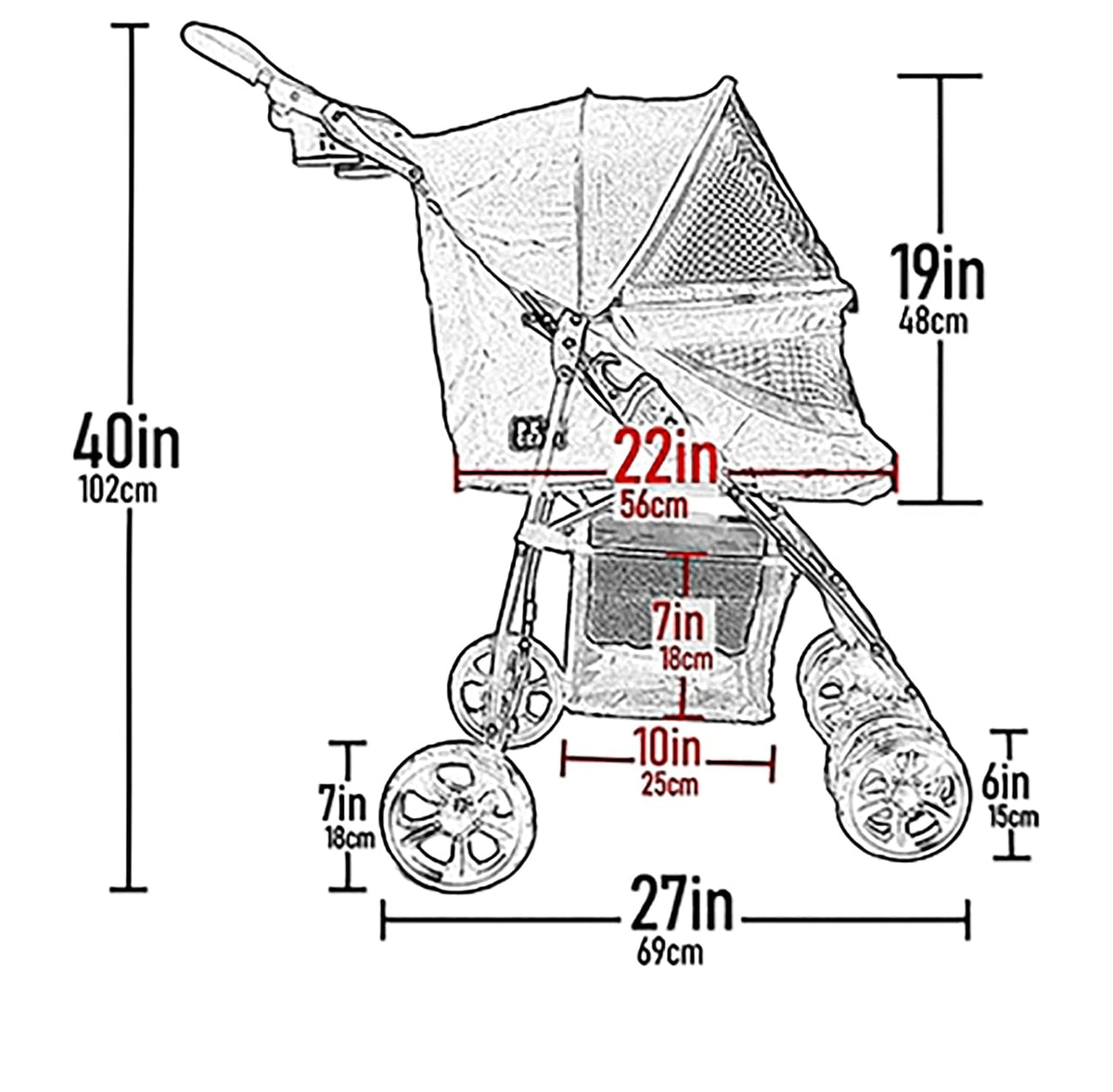 pet gear no-zip happy trails lite pet stroller showing dimensions