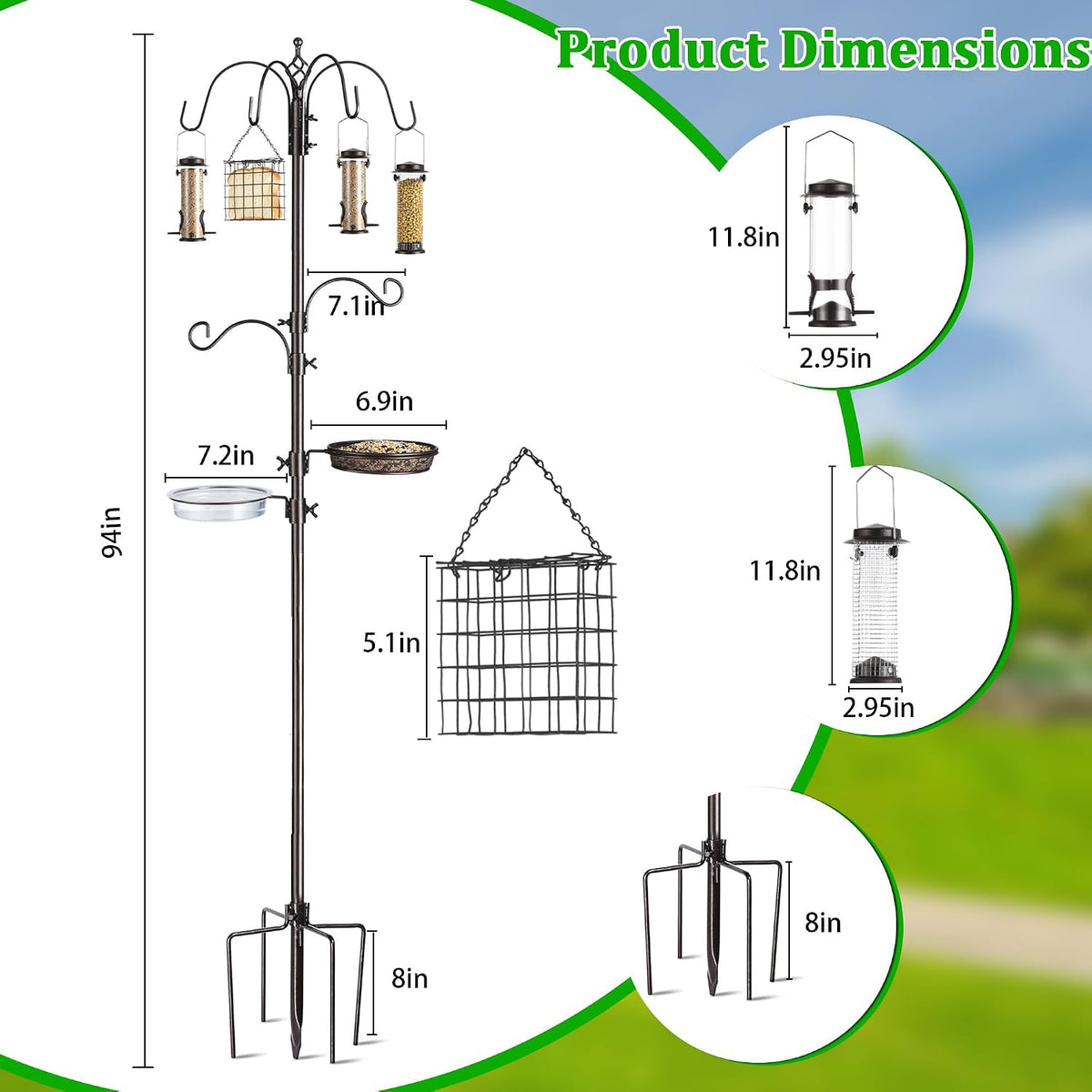 bird feeding station kit, 94-inch, 6-hook metal bird shown in use