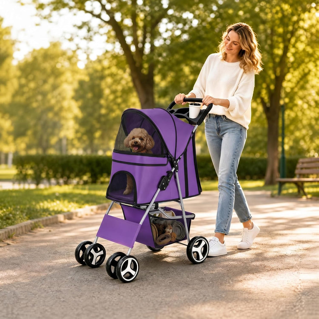 zeny foldable pet stroller, cat/dog stroller with 4 shown in use