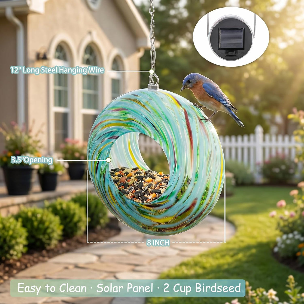 yinns glass bird feeder outside, hanging solar birdfeeder, close-up detail