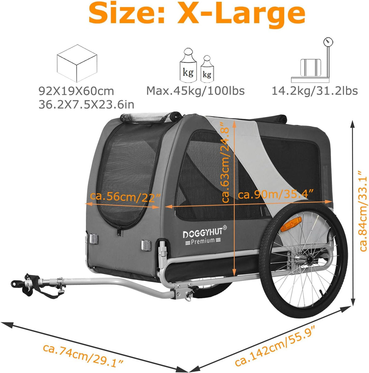 doggyhut® premium x large pet bike trailer up showing dimensions