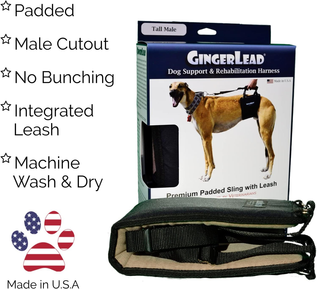 gingerlead® k9 support harness, rear end lift sling, close-up detail