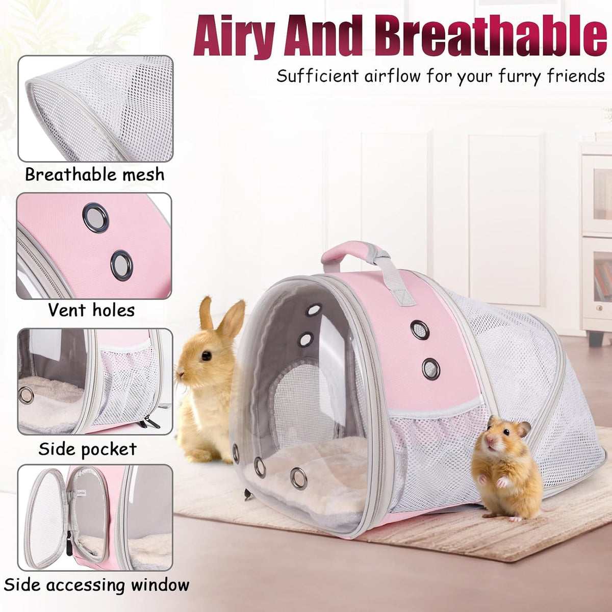 back expandable backpack for small animals, portable travel, close-up detail