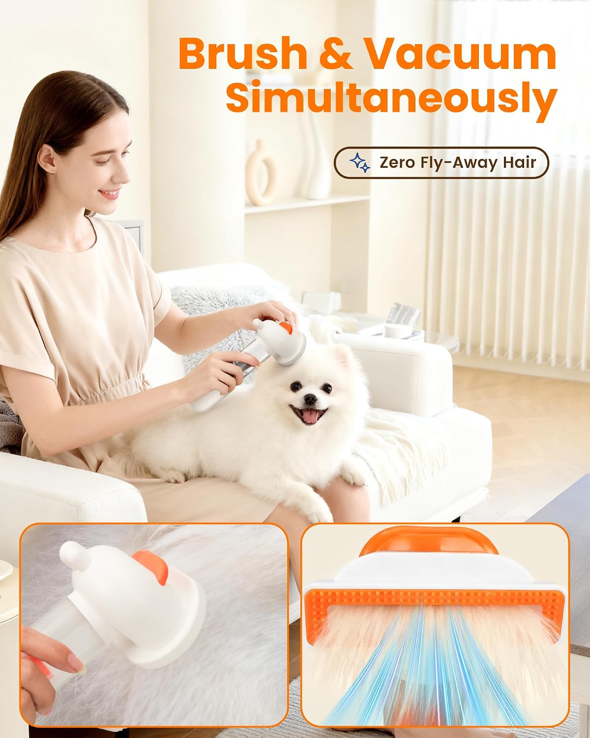 vacuum dog brush for shedding, mess-free grooming, close-up detail