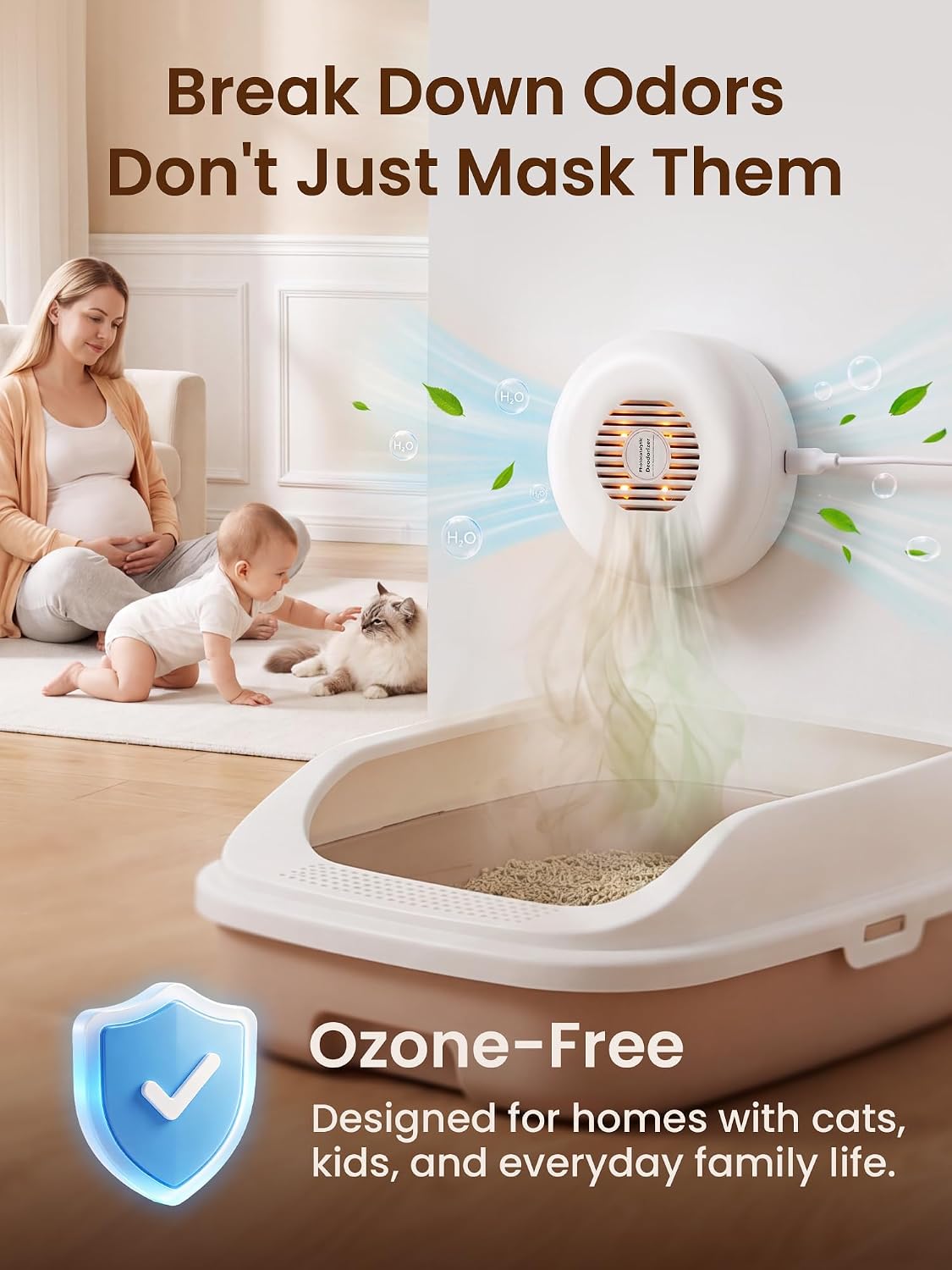 cat litter box deodorizer, ozone-free litter box odor shown in use
