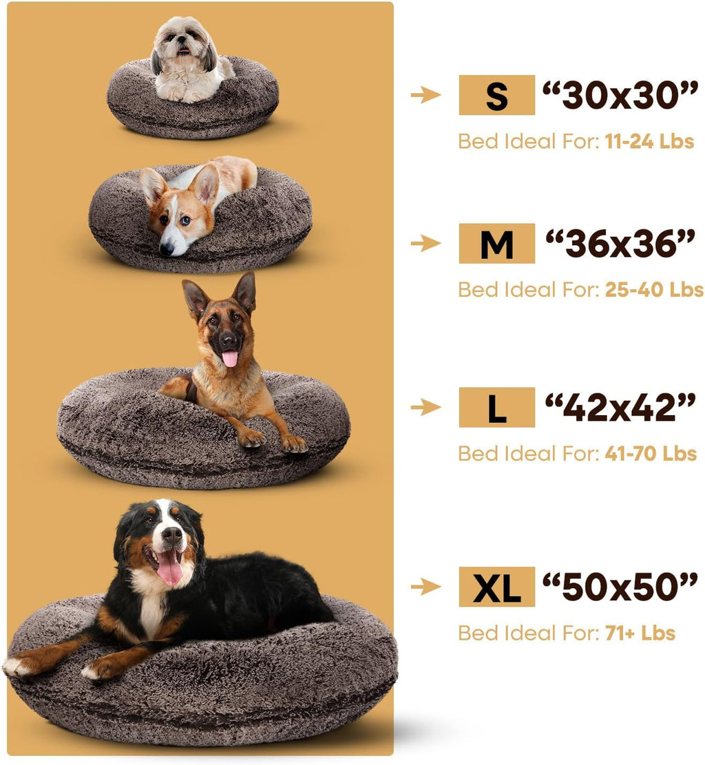 bessie + barnie bagel bed for dogs and showing dimensions