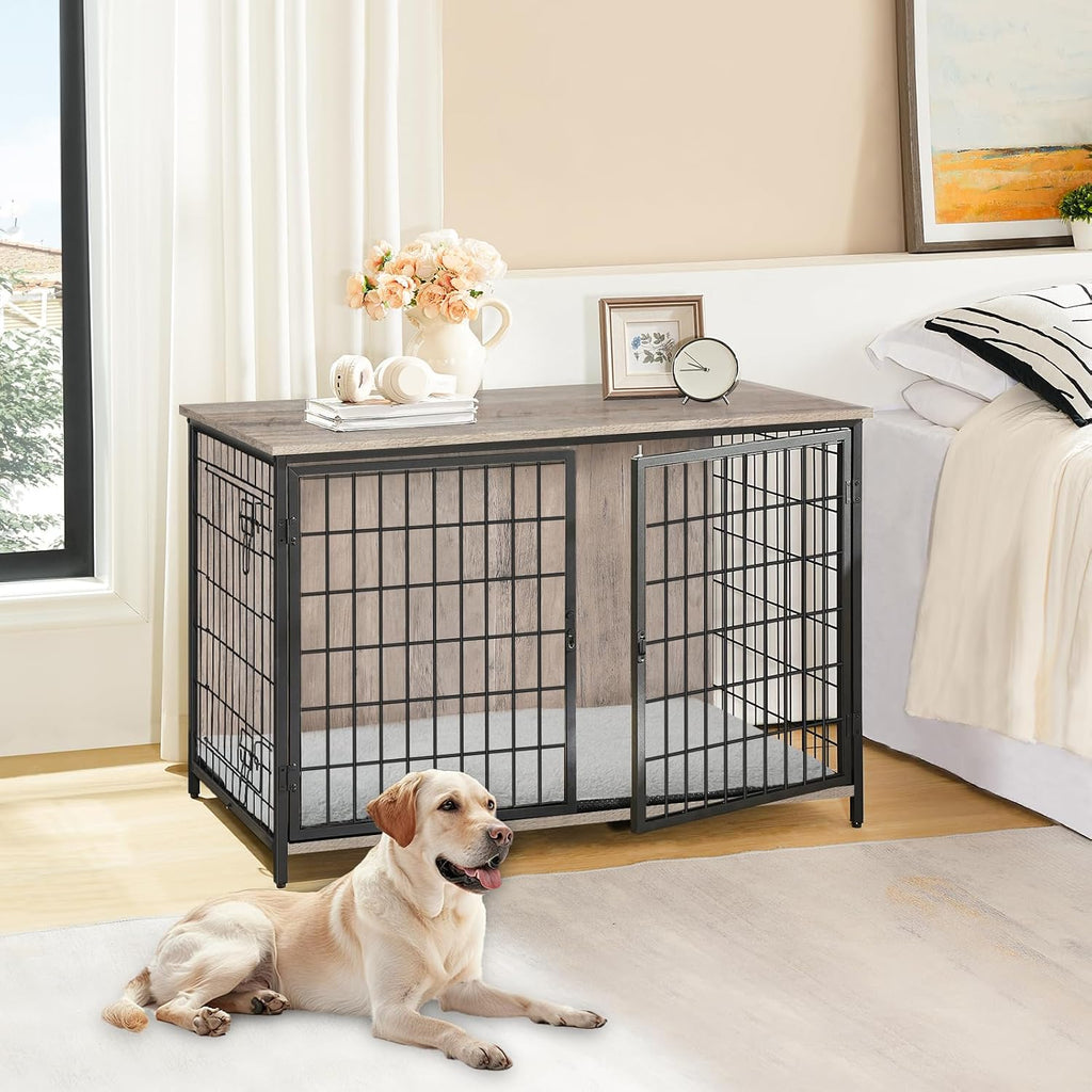 mahancris dog crate furniture with cushion, wooden dog on a desk or shelf