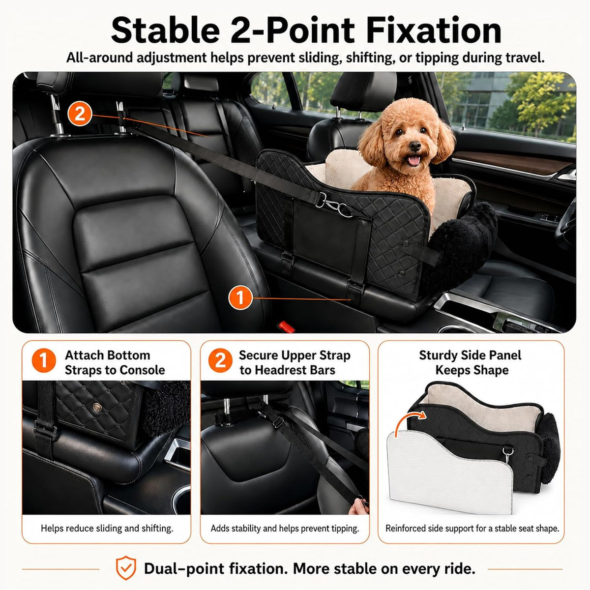 center console dog car seat for small dogs, close-up detail