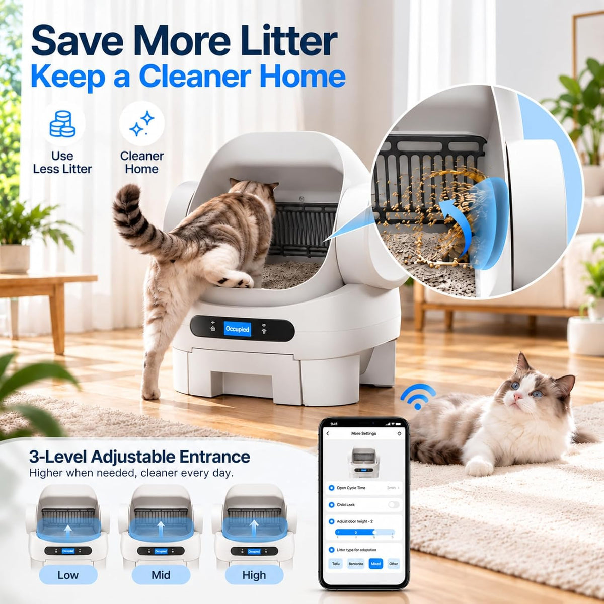 open-top automatic cat litter box, self cleaning litter showing dimensions