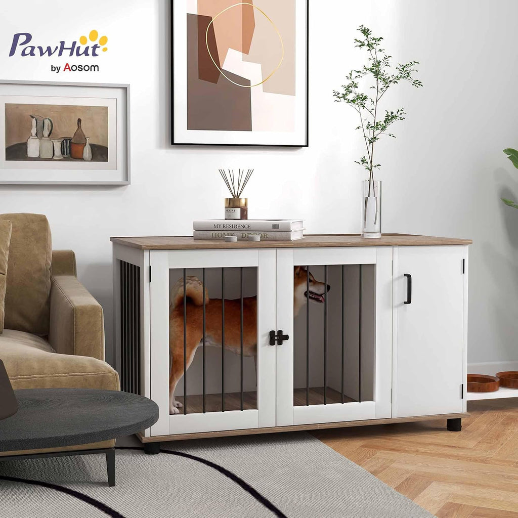 pawhut dog crate furniture with storage double doors shown in use