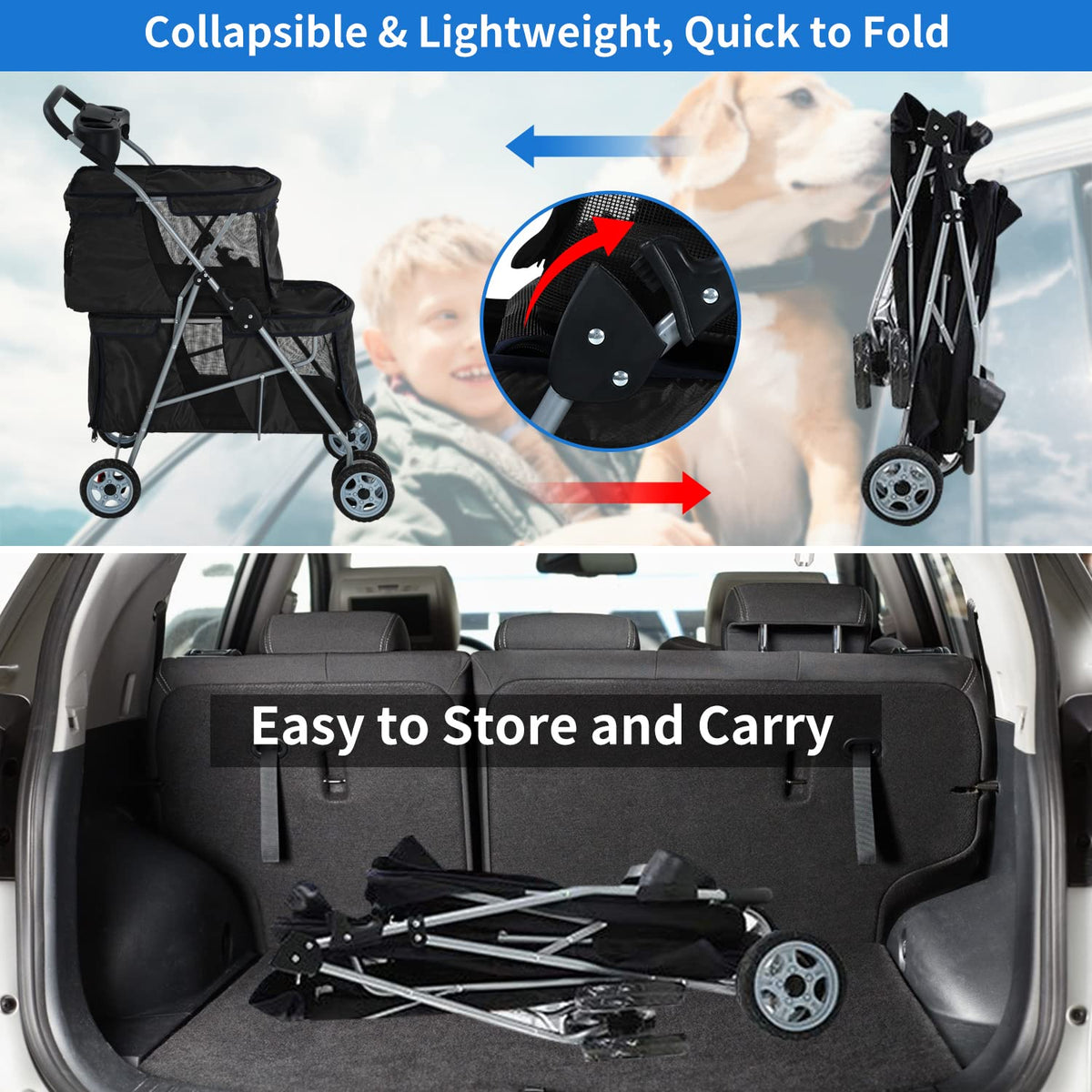 dog stroller 4 wheels cat strollers double layer showing dimensions