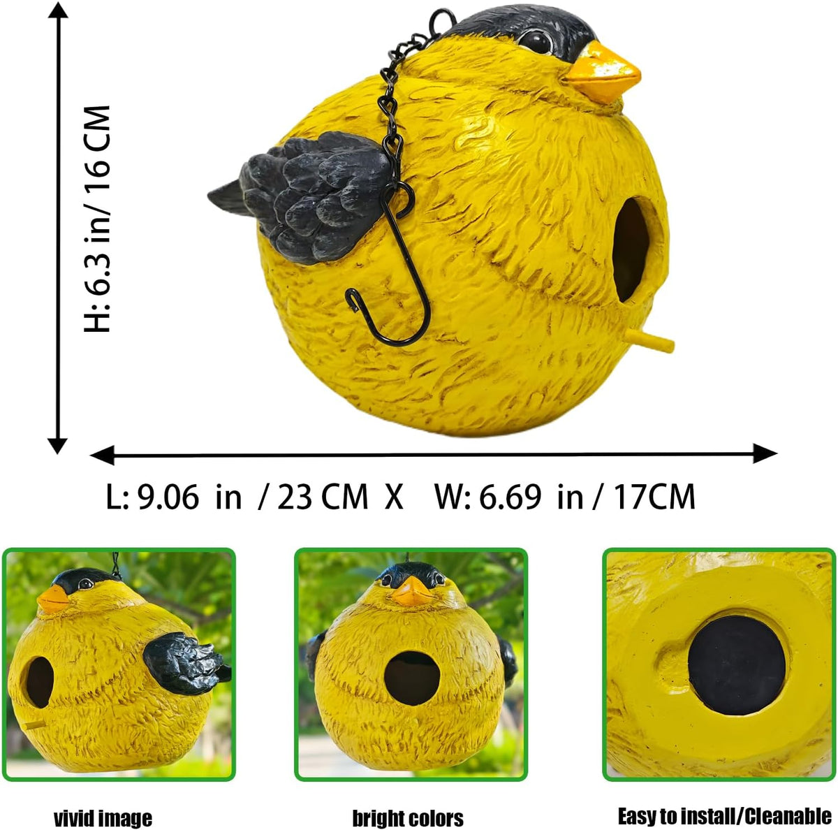 sunny yellow bird house with entry hole, outdoor shown in use