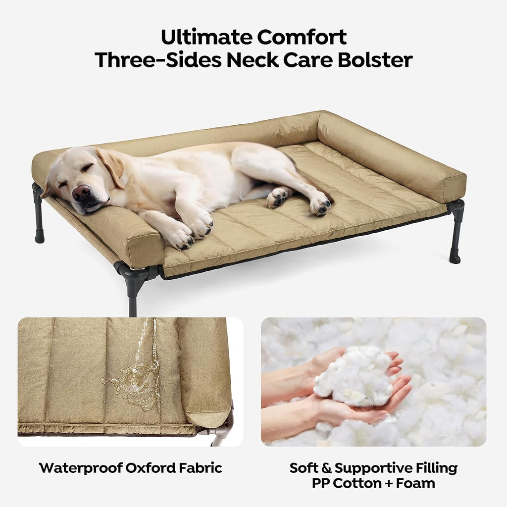 veehoo outdoor elevated dog bed with waterproof bolster, close-up detail