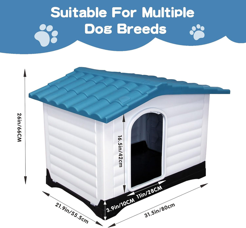garvee 2-door small dog house with fold-out porch shown in use