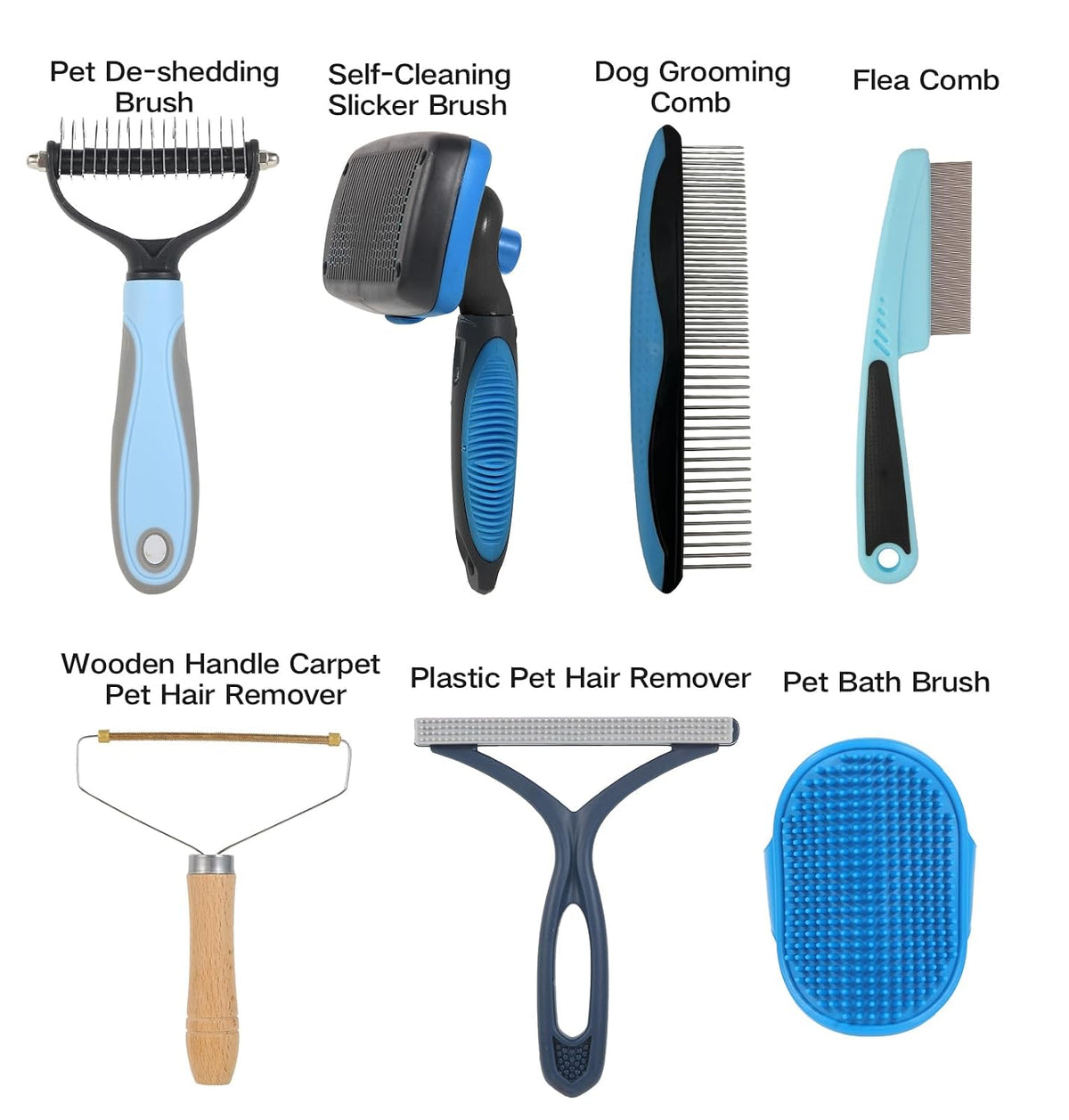 7‑in‑1 pet deshedding tool, dog grooming brush set shown in use