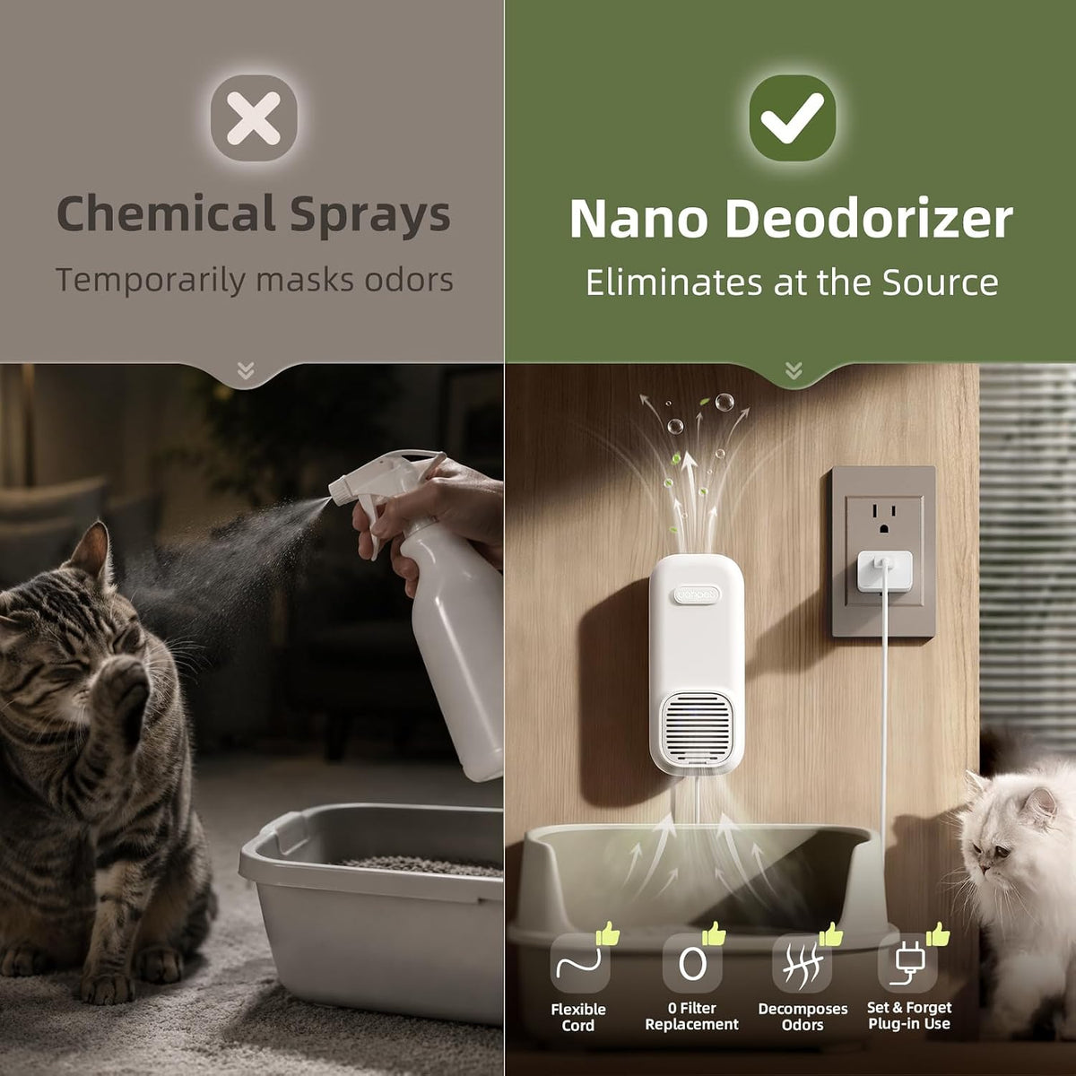 uahpet cat litter deodorizer, plug in filterless nano, side view
