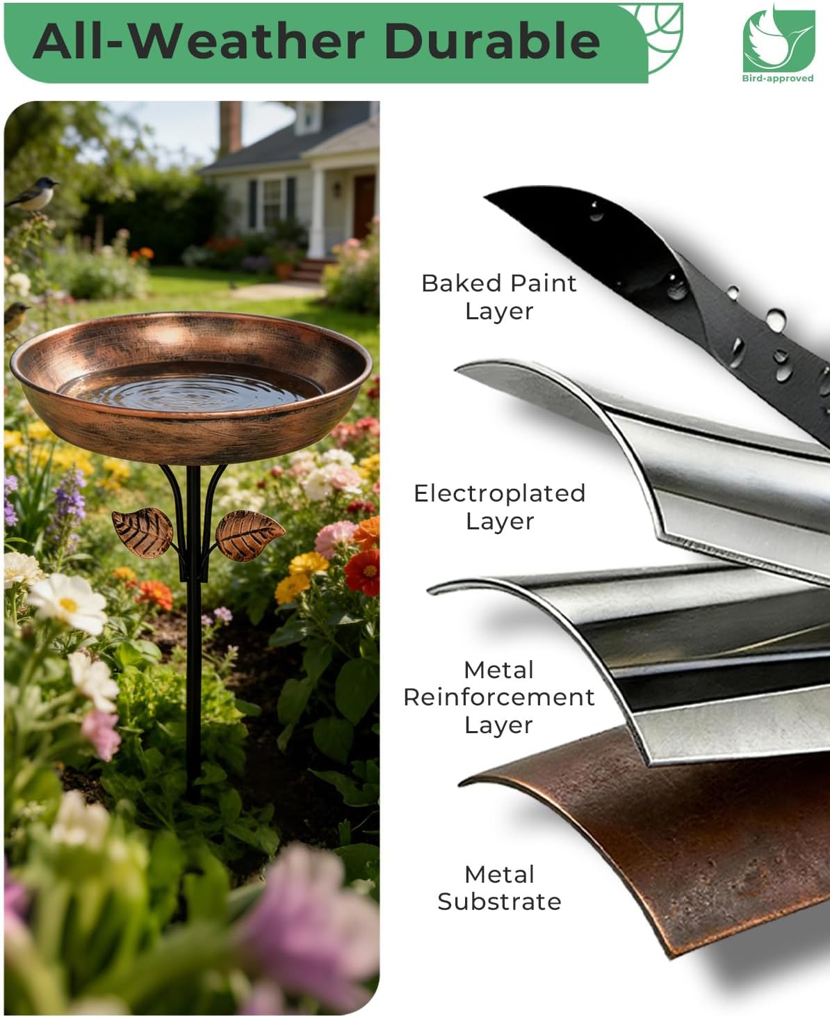 12" bird bath for outside with stake, metal showing dimensions