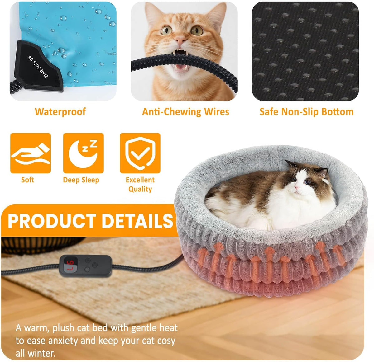 heated cat bed indoor, 20" round donut deep, close-up detail
