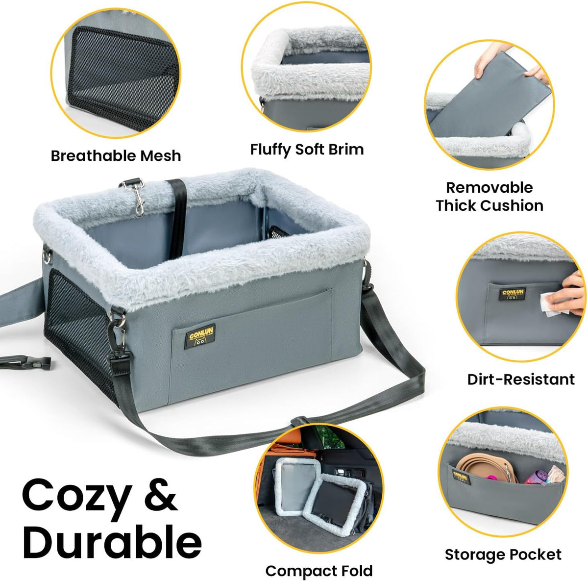 conlun 2-pack dog car seat | steel frame showing dimensions