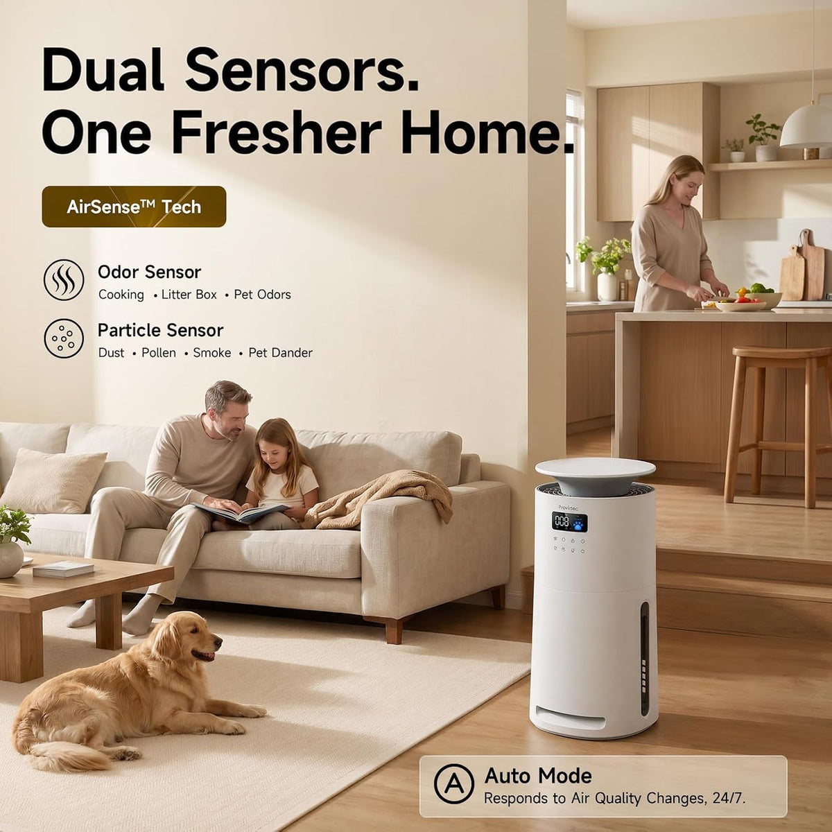 provirtec air purifier for home pets, dual sensors shown in use