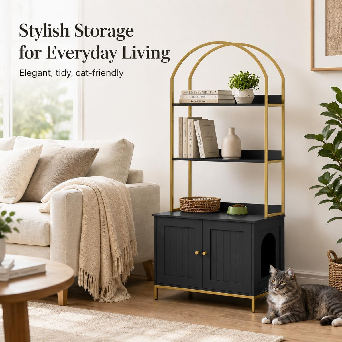 homhedy cat litter box enclosure with 2-tier shelves showing dimensions