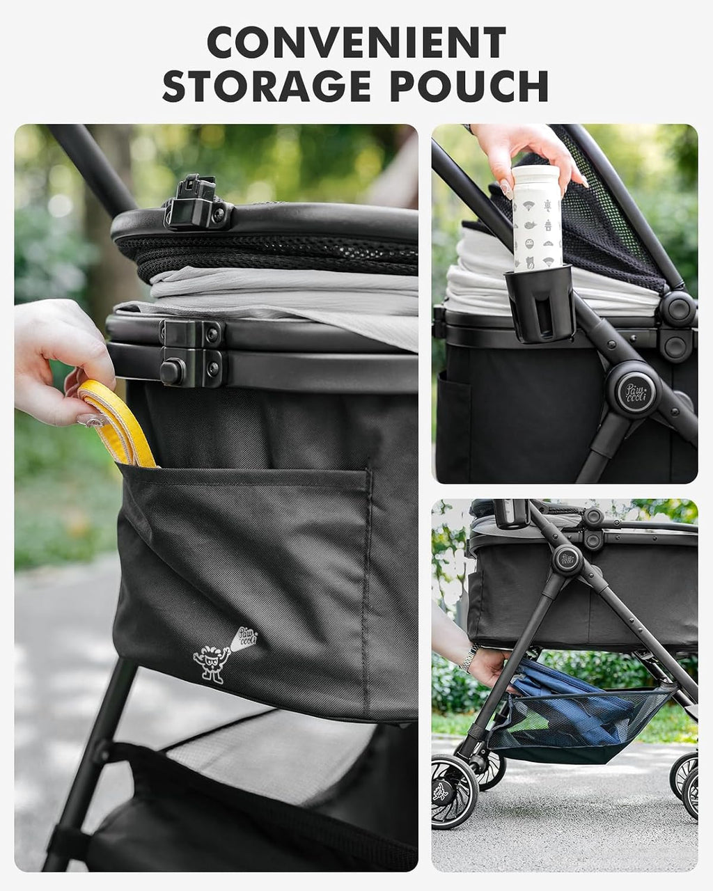 pet stroller for small dogs and cats, one-click showing dimensions