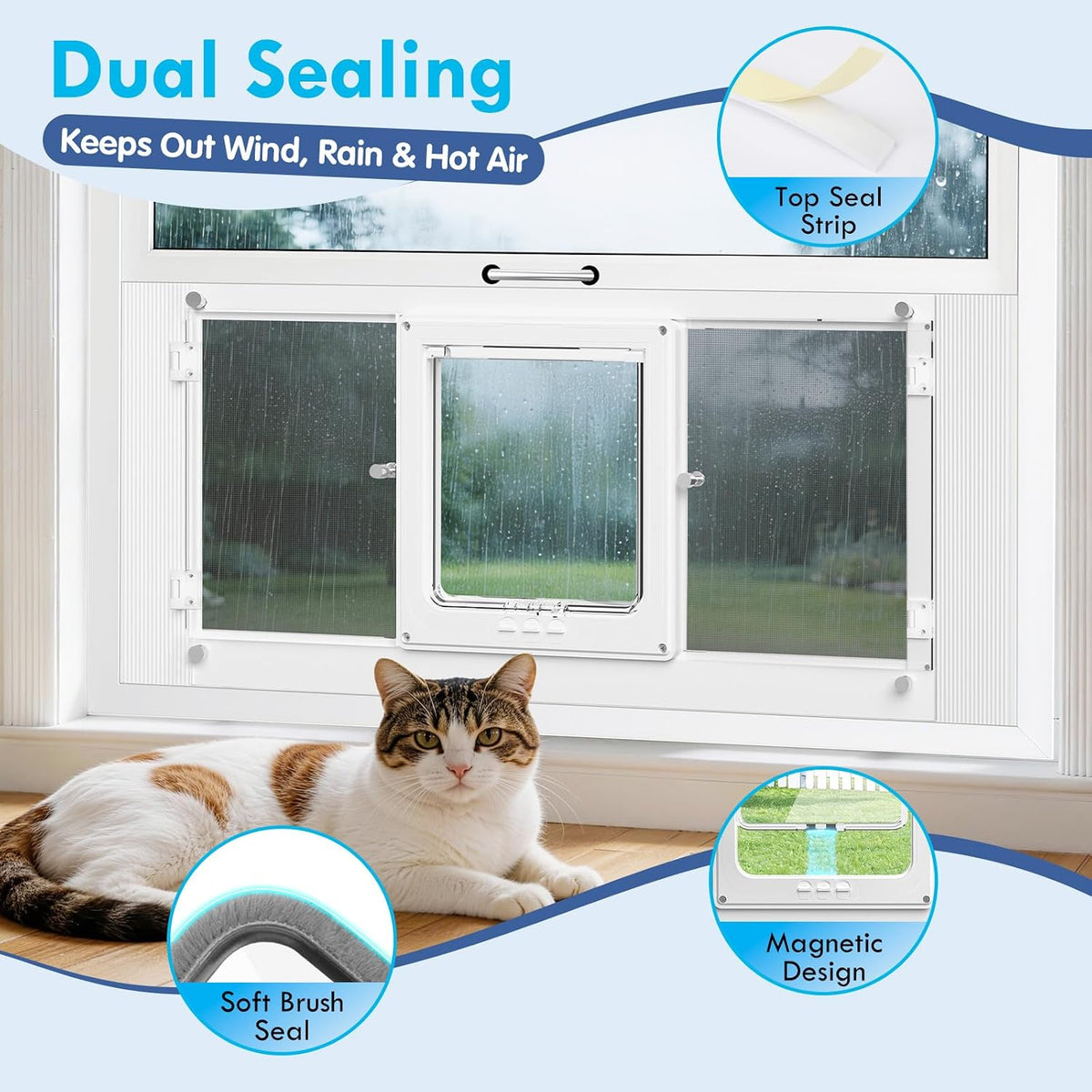 all season cat door for window with screen, side view