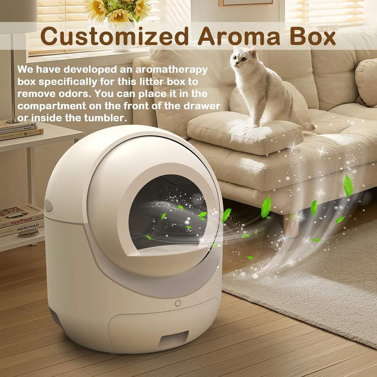 self cleaning cat litter box with app control, side view
