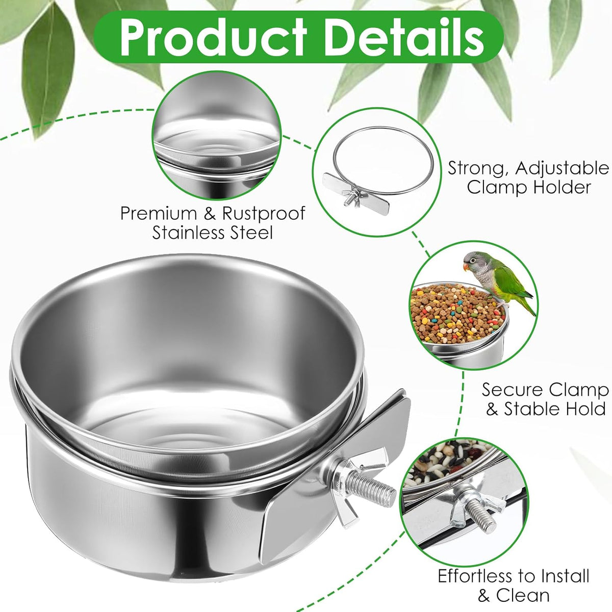 stainless steel bird food bowls with clamp holder, close-up detail