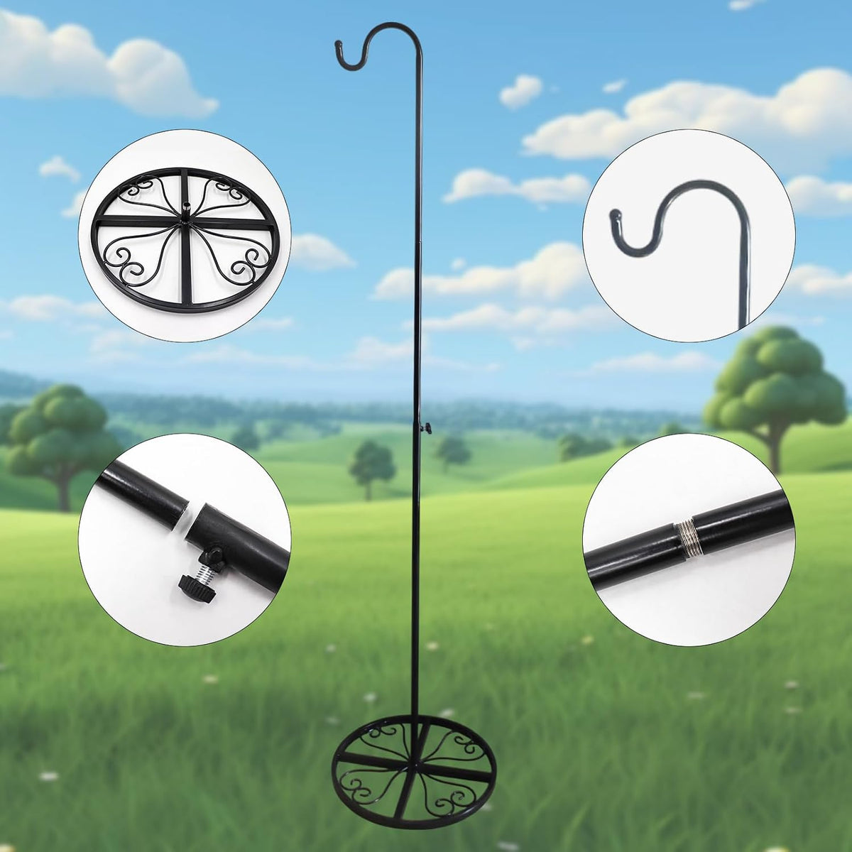 adjustable shepherd's hook 49-63 inches with water bag, side view