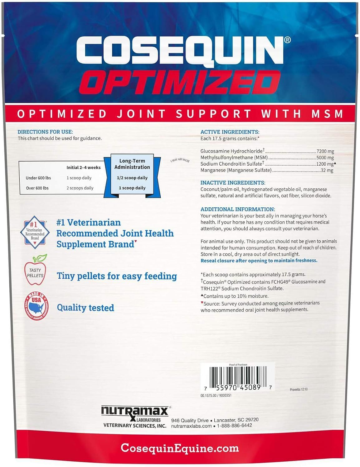 nutramax cosequin optimized horse joint health supplement, pellets shown in use