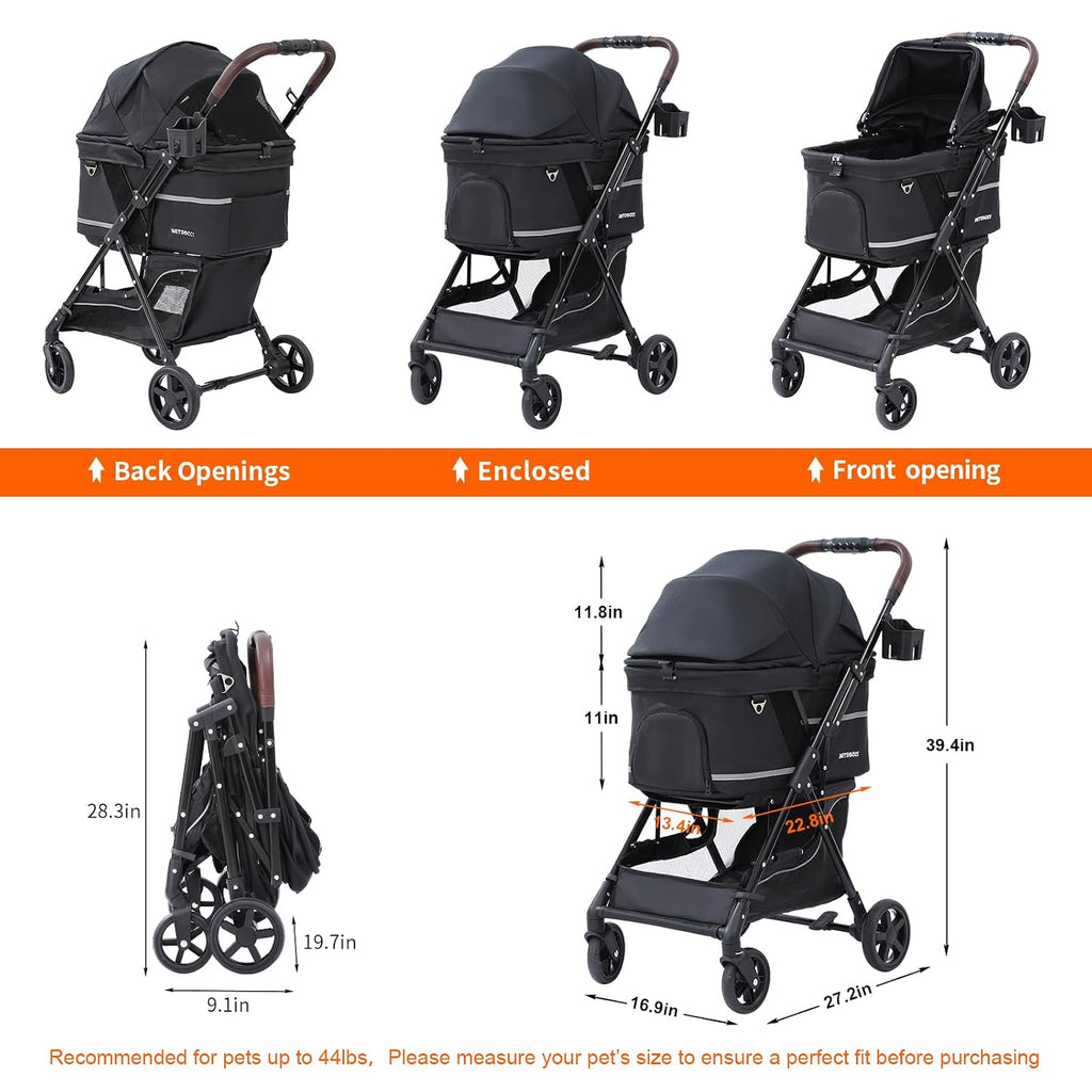 dog stroller with no-zip buckle canopy, fits 2 showing dimensions