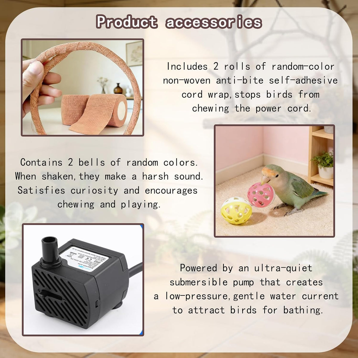 electric automatic bird bath shower circulating pump, quiet, side view