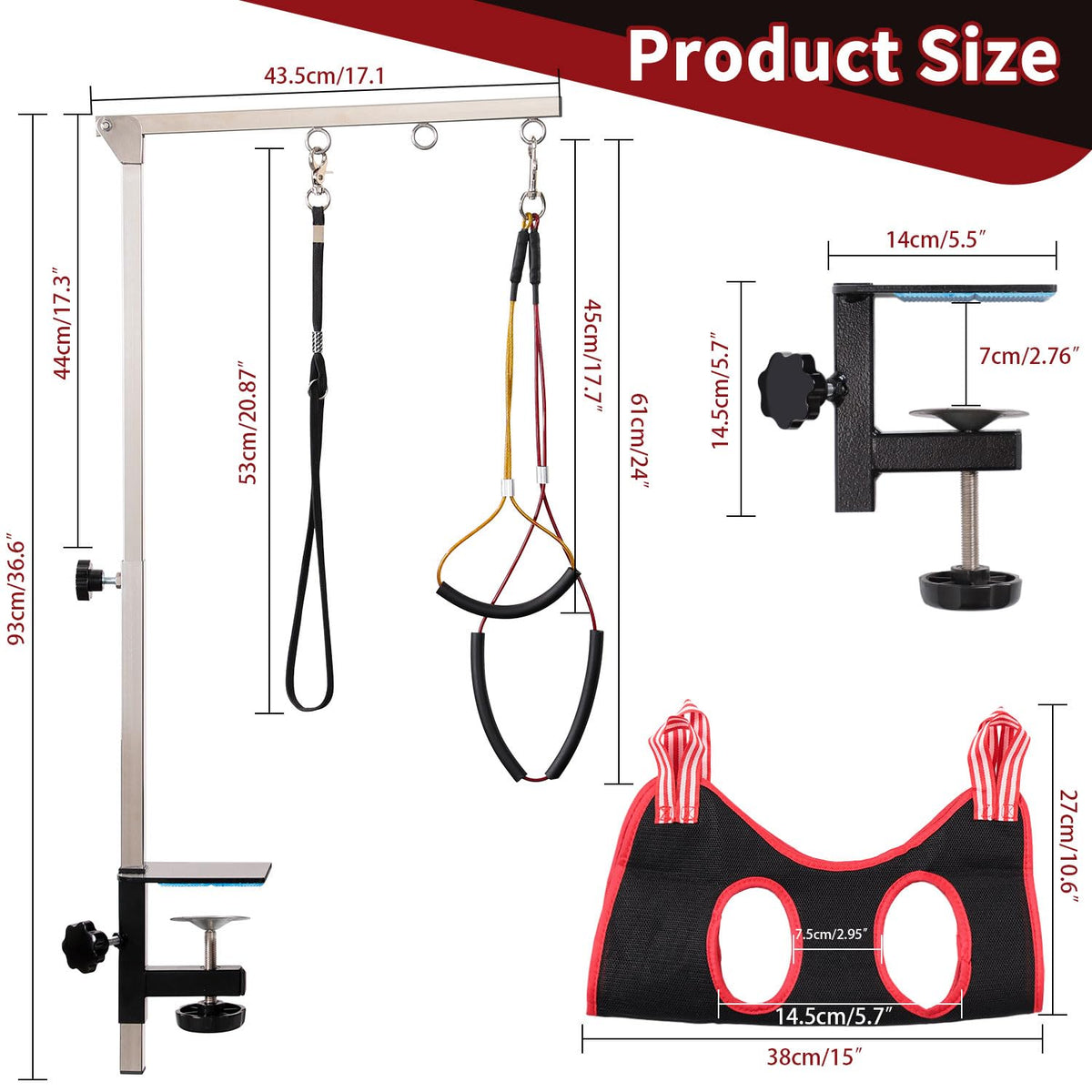 dog grooming table arm with hammock - adjustable showing dimensions