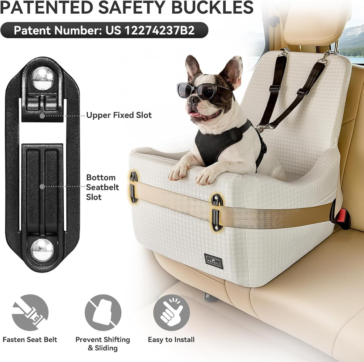 petsfit pet car seat with patented safety system shown in use