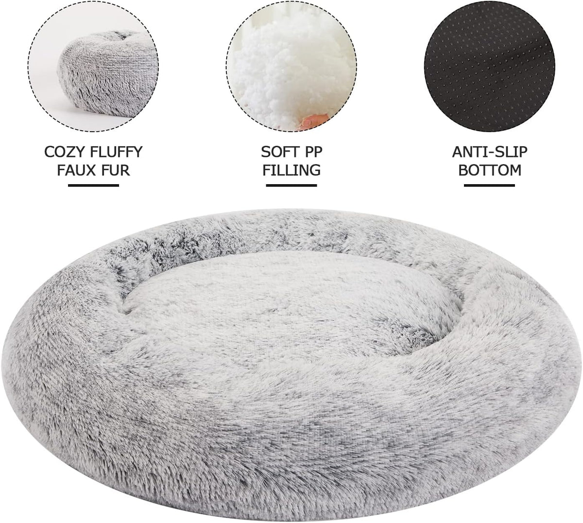 bedfolks calming fluffy donut dog bed for large, close-up detail