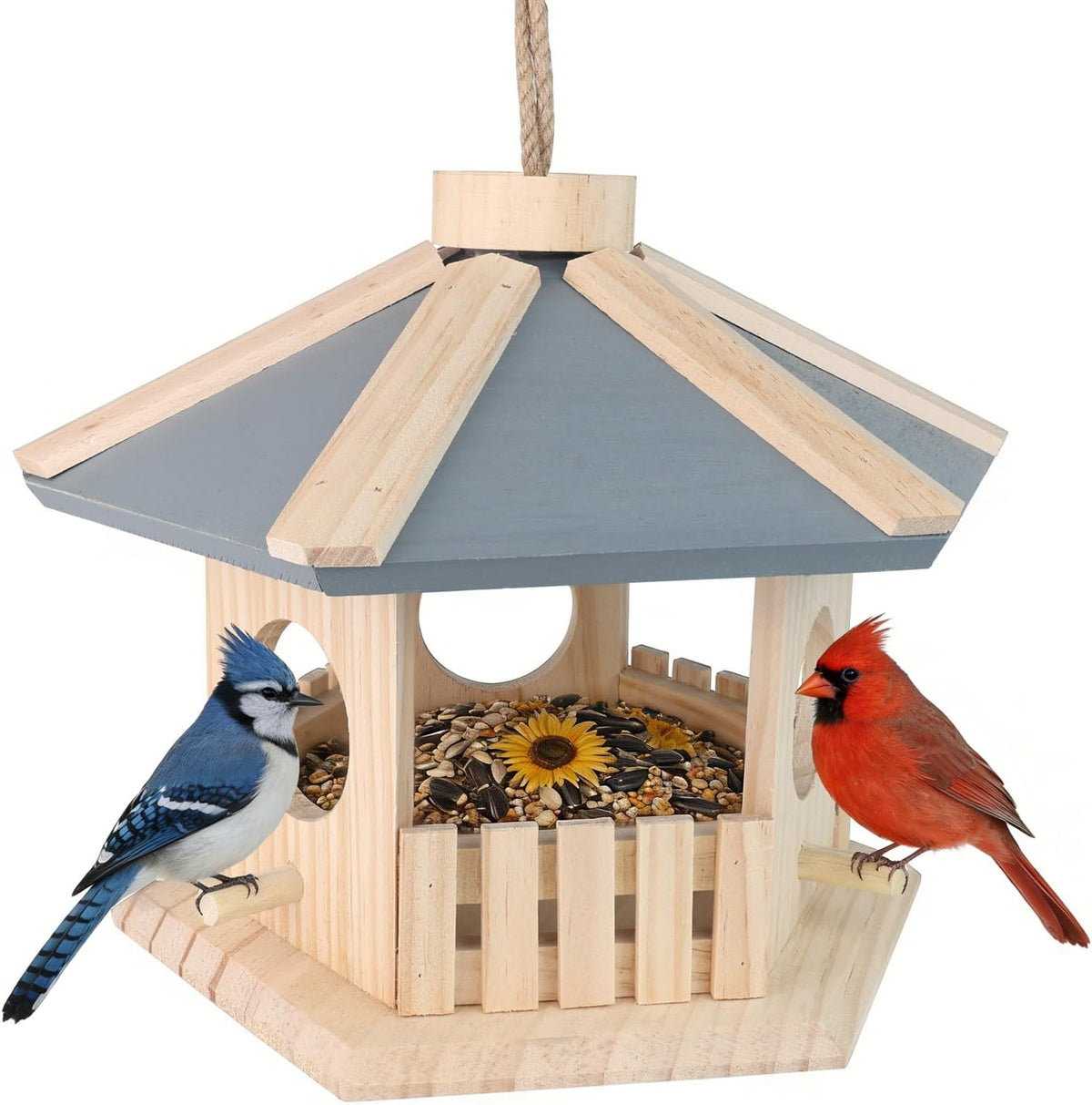 hexagon hanging wooden bird feeder (stone blue), main product view