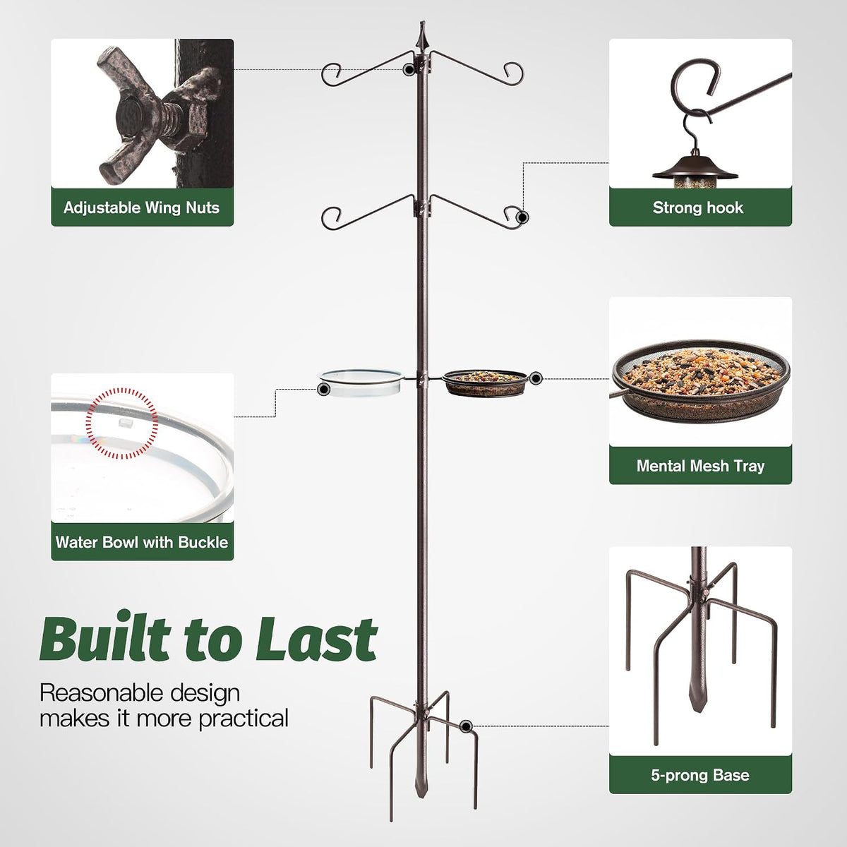 bird feeding station kit, 81-inch, 4-hook metal bird, close-up detail