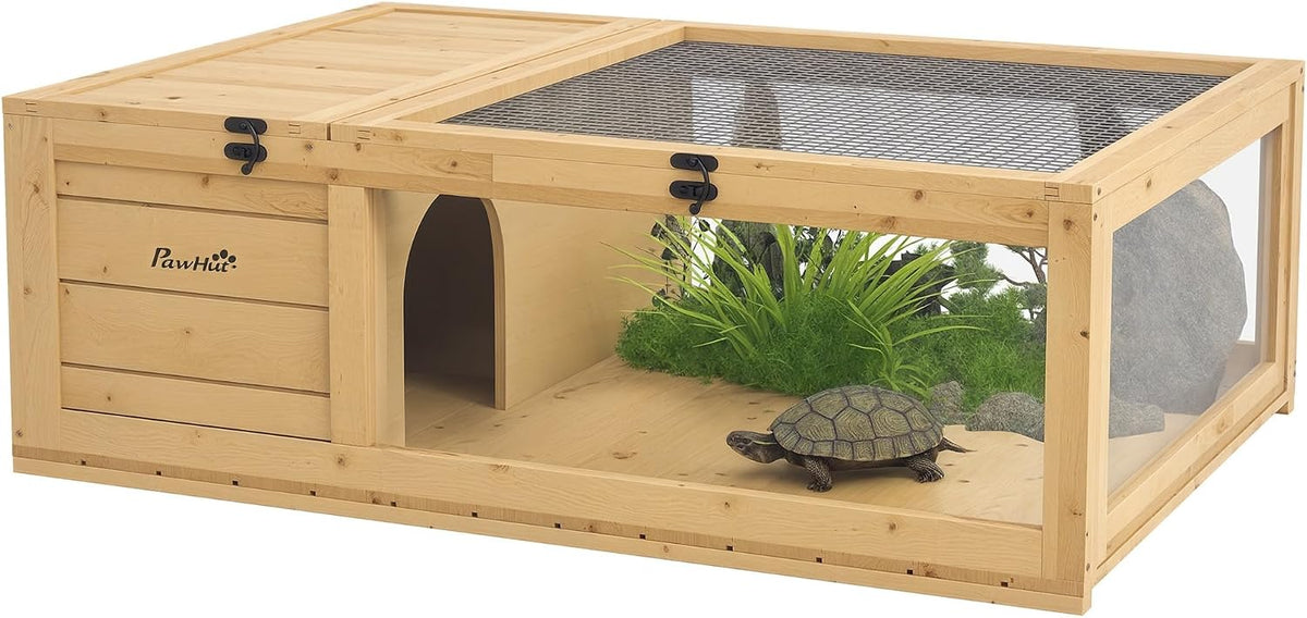 pawhut wooden tortoise house indoor turtle habitat enclosure, main product view