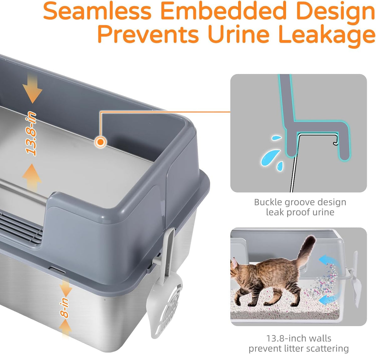 stainless steel cat litter box with lid, 23.7", close-up detail