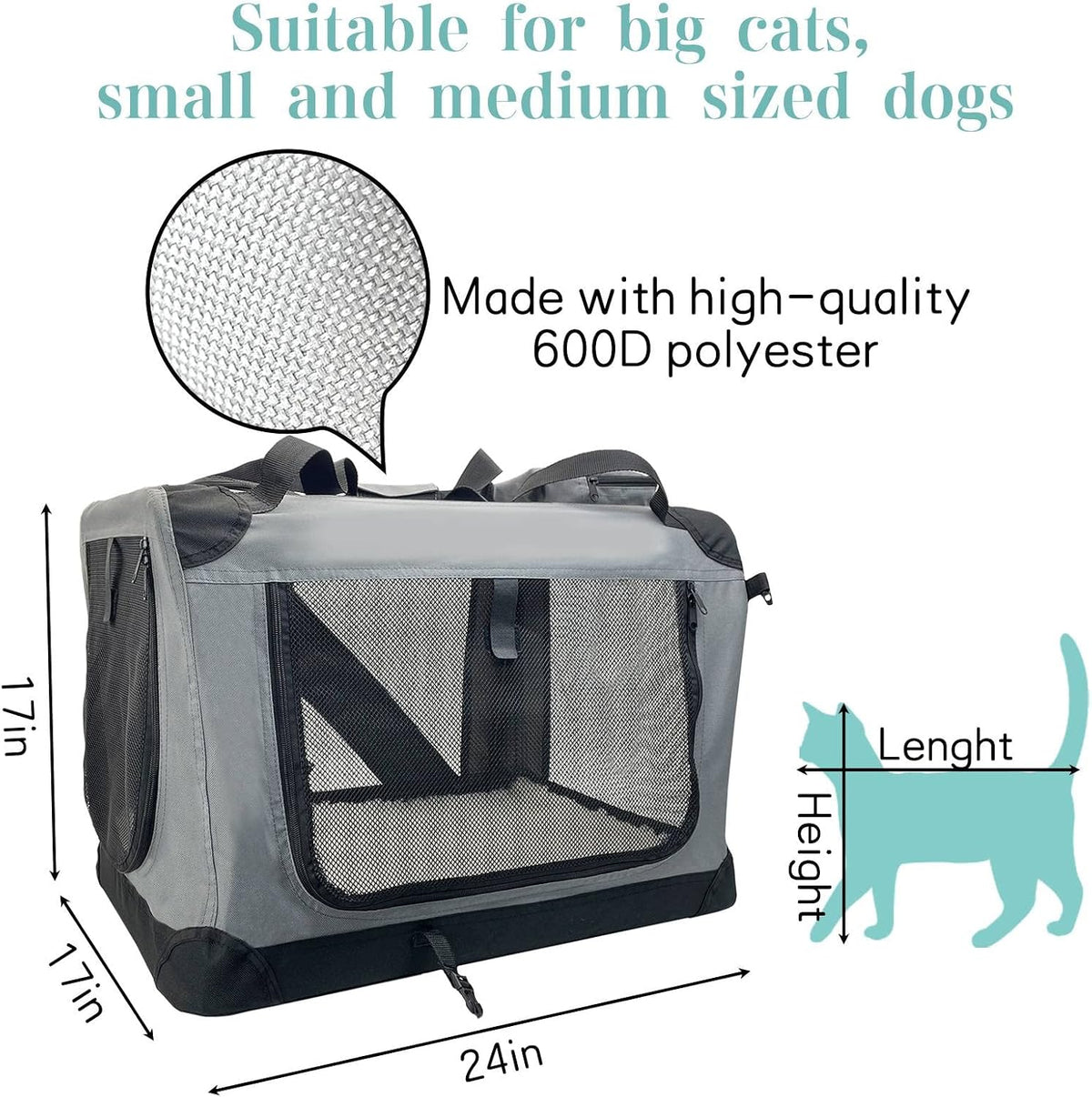 fhiny large cat carrier for 2 cats, 24"x17"x17" shown in use
