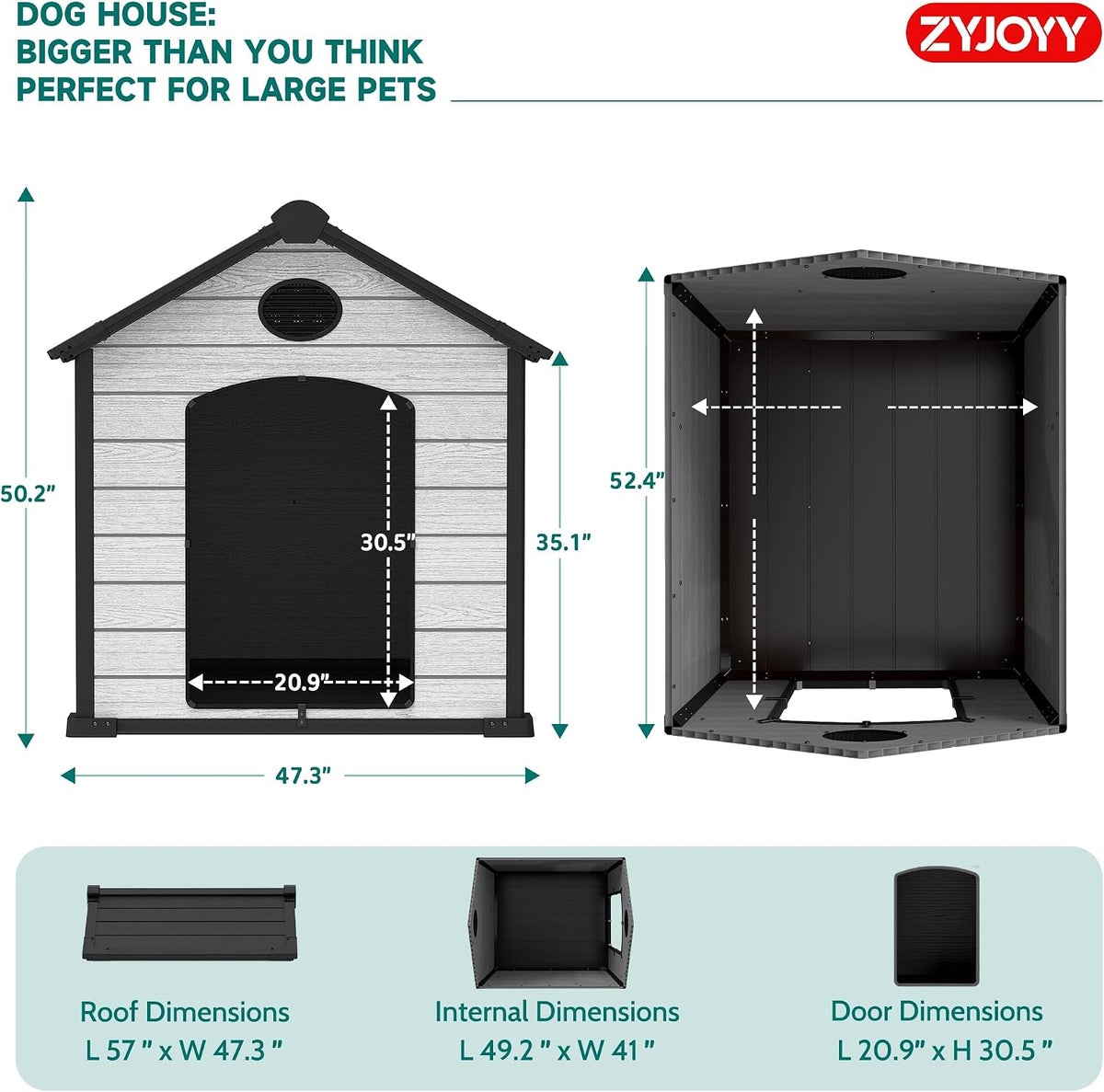 57" large dog house outdoor indoor, dog house shown in use