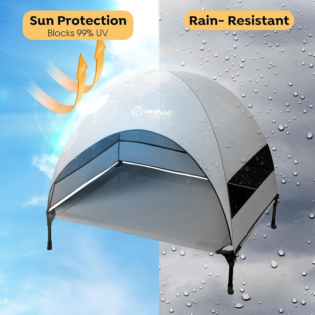 veehoo outdoor dog bed with canopy, cooling elevated shown in use