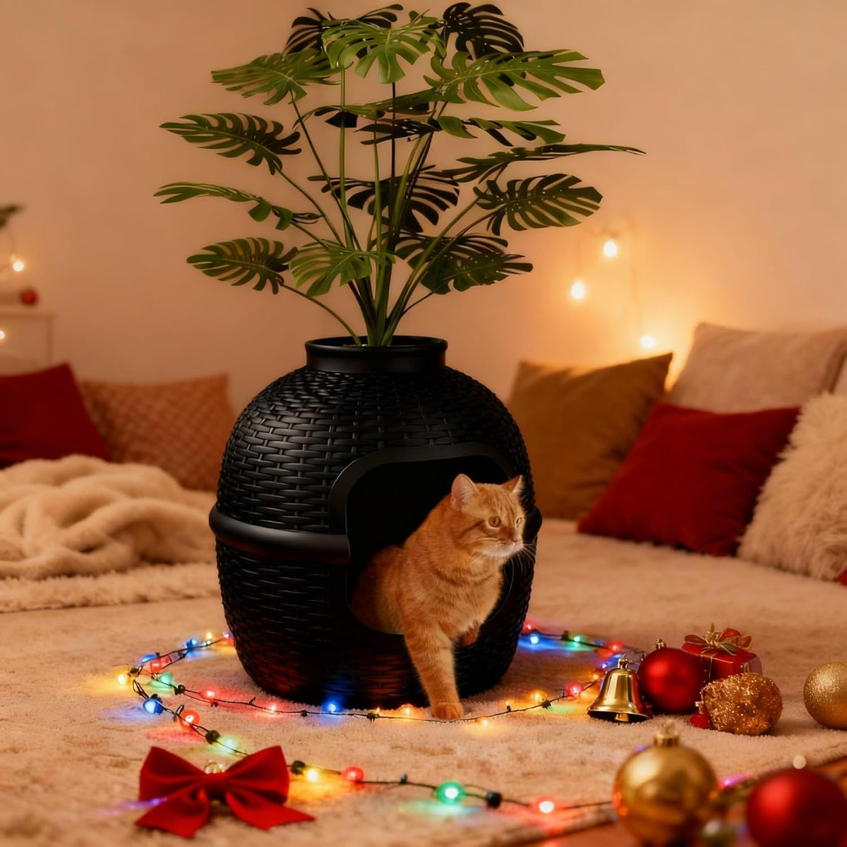 hidden litter box with faux plant, large cat, main product view