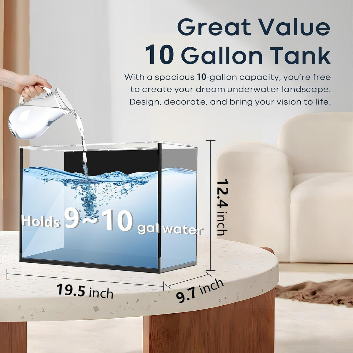 10 gallon glass fish tank, aquarium fish bowl, close-up detail
