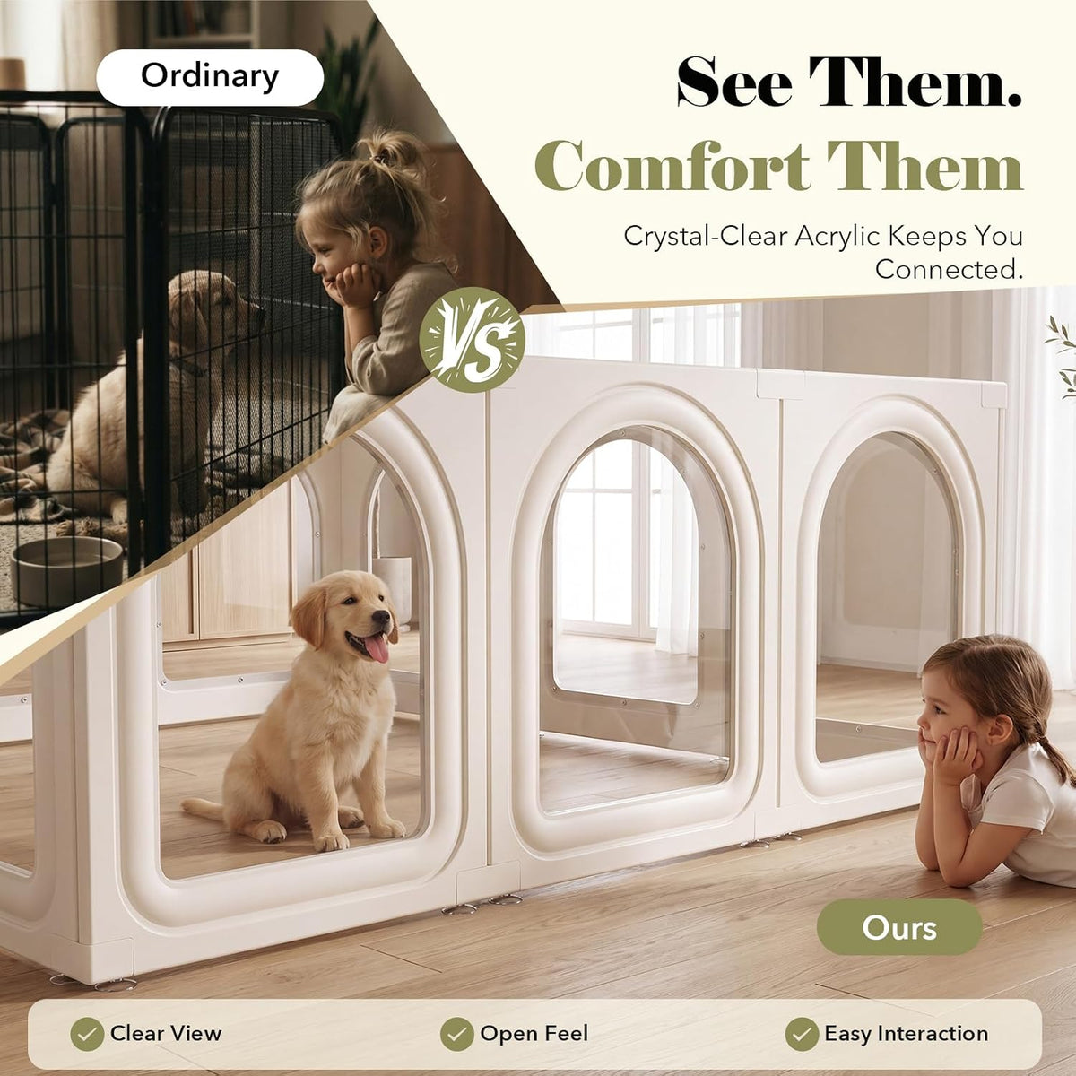 dog playpen indoor, 23.6" h 10 panels acrylic shown in use