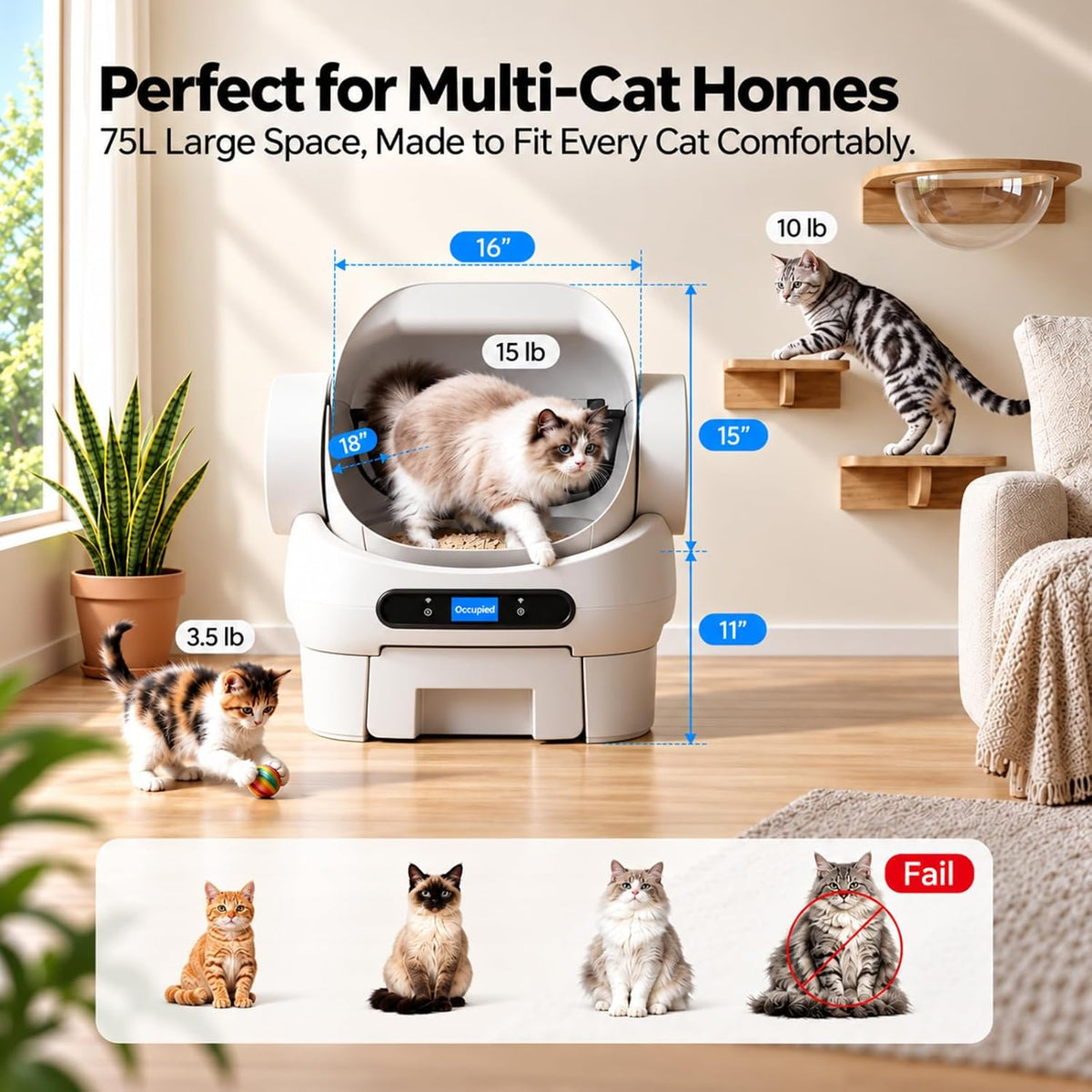 open-top automatic cat litter box, self cleaning litter, side view