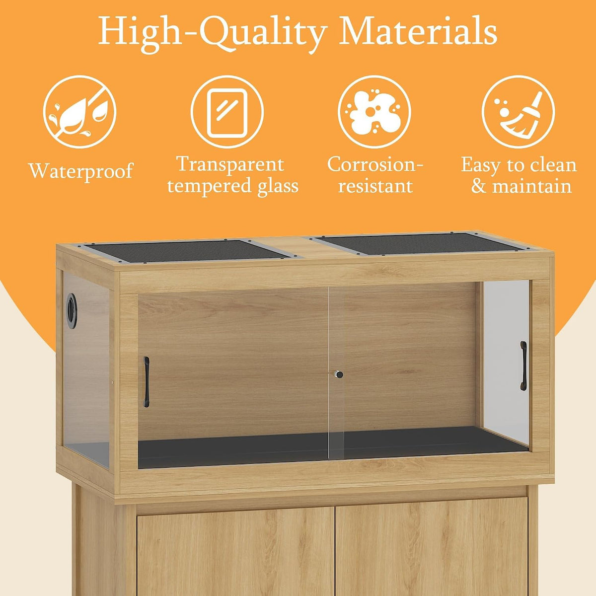 120 gallon reptile tank, terrarium tank with stand, close-up detail