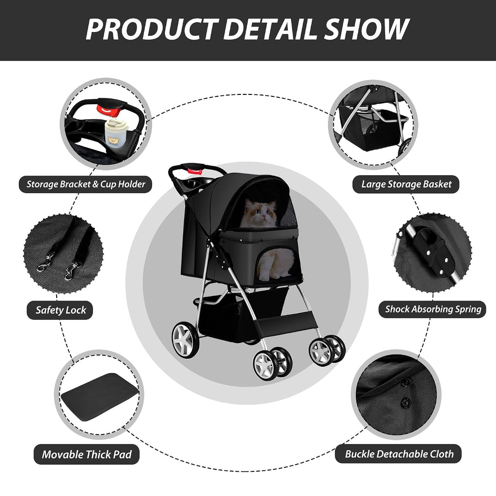 unisakey foldable 4-wheel pet stroller for dogs cats showing dimensions