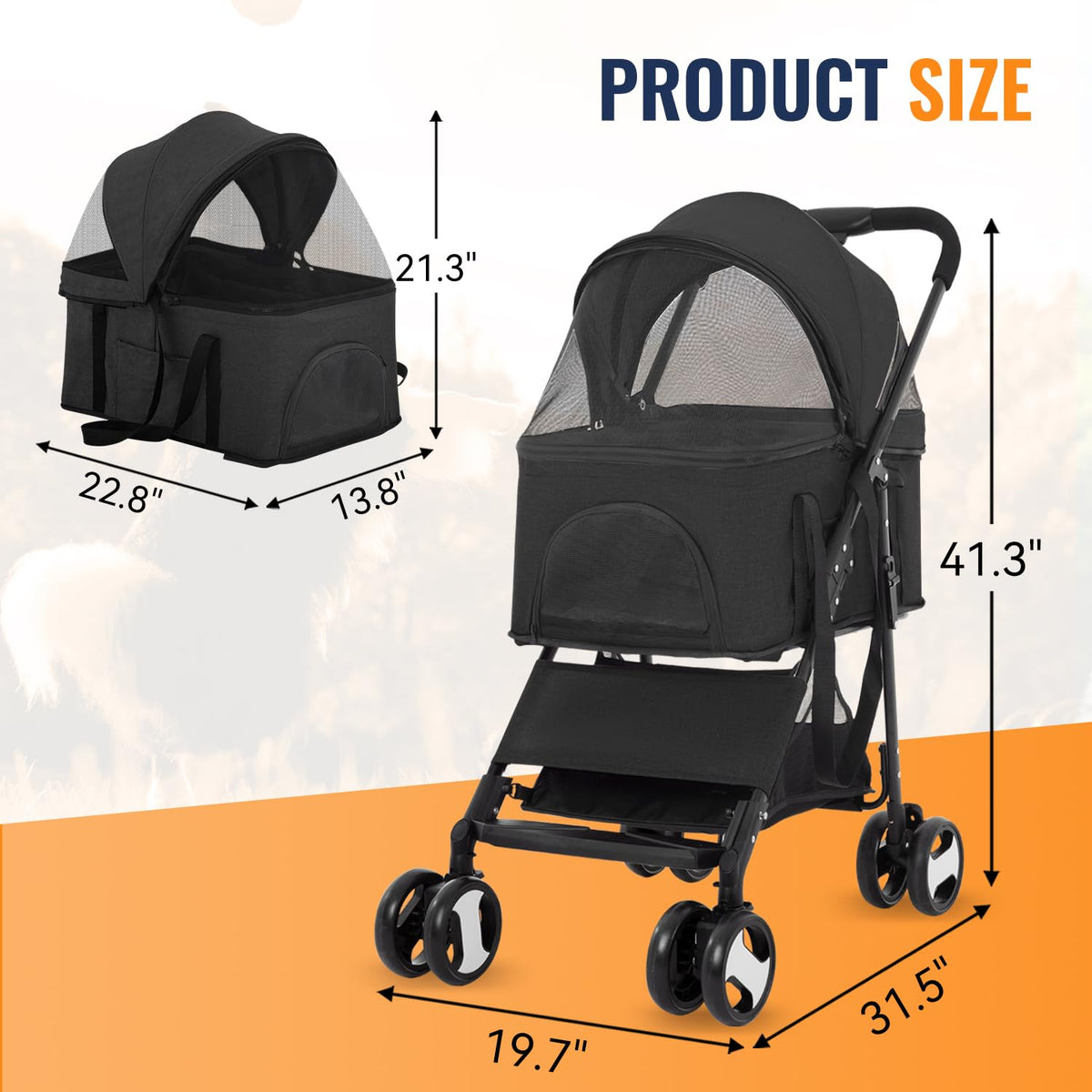 fdw 4-wheels multi-function dog stroller jogger with detachable on a desk or shelf